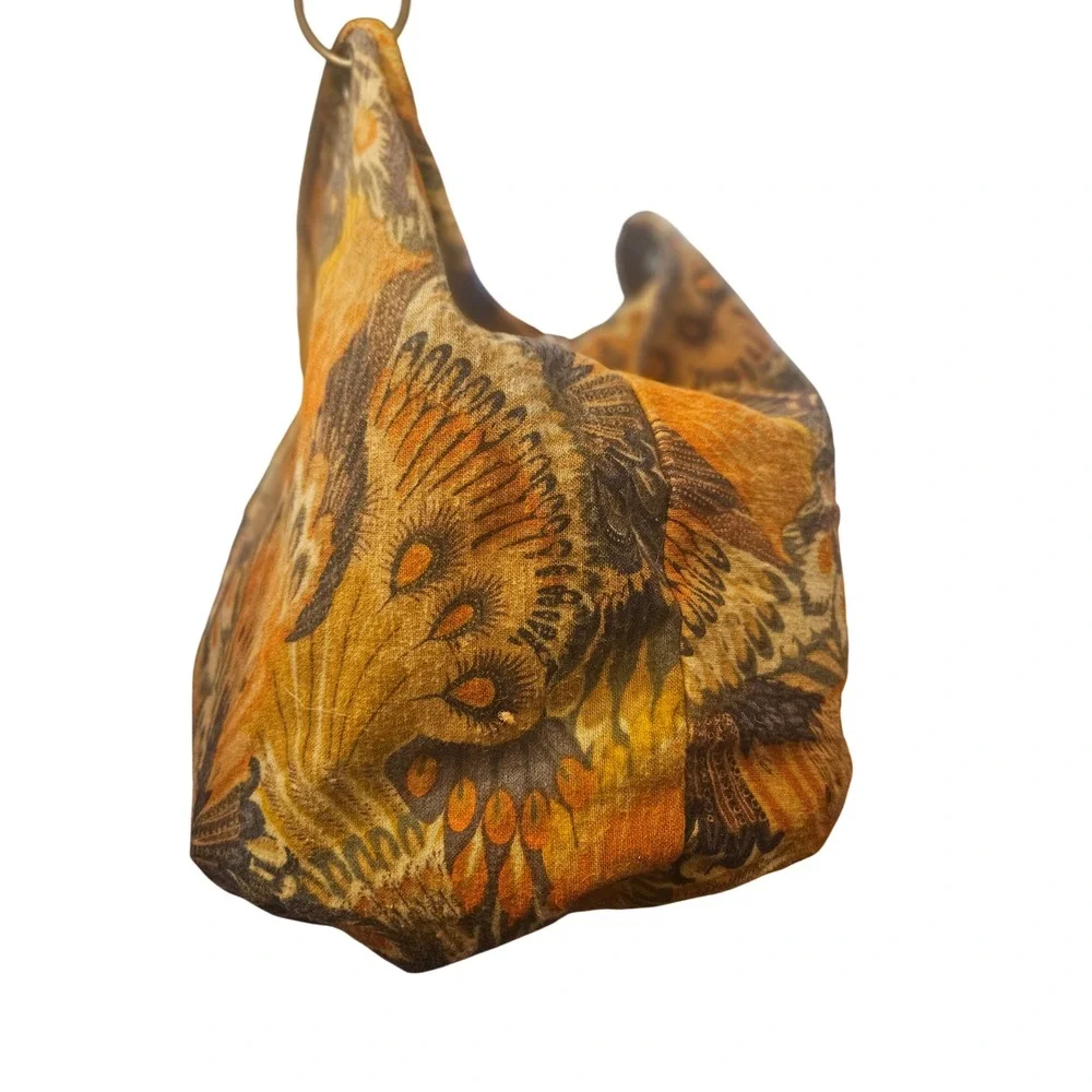 Peacock Feather Print Hobo Bag Orange Brown Tapestry Shoulder Tote